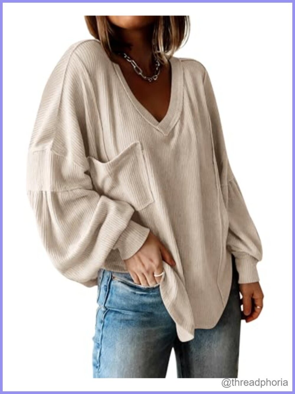 Womens Ribbed Long Sleeve Tunic Top V-Neck Balloon Sleeve Loose Fit